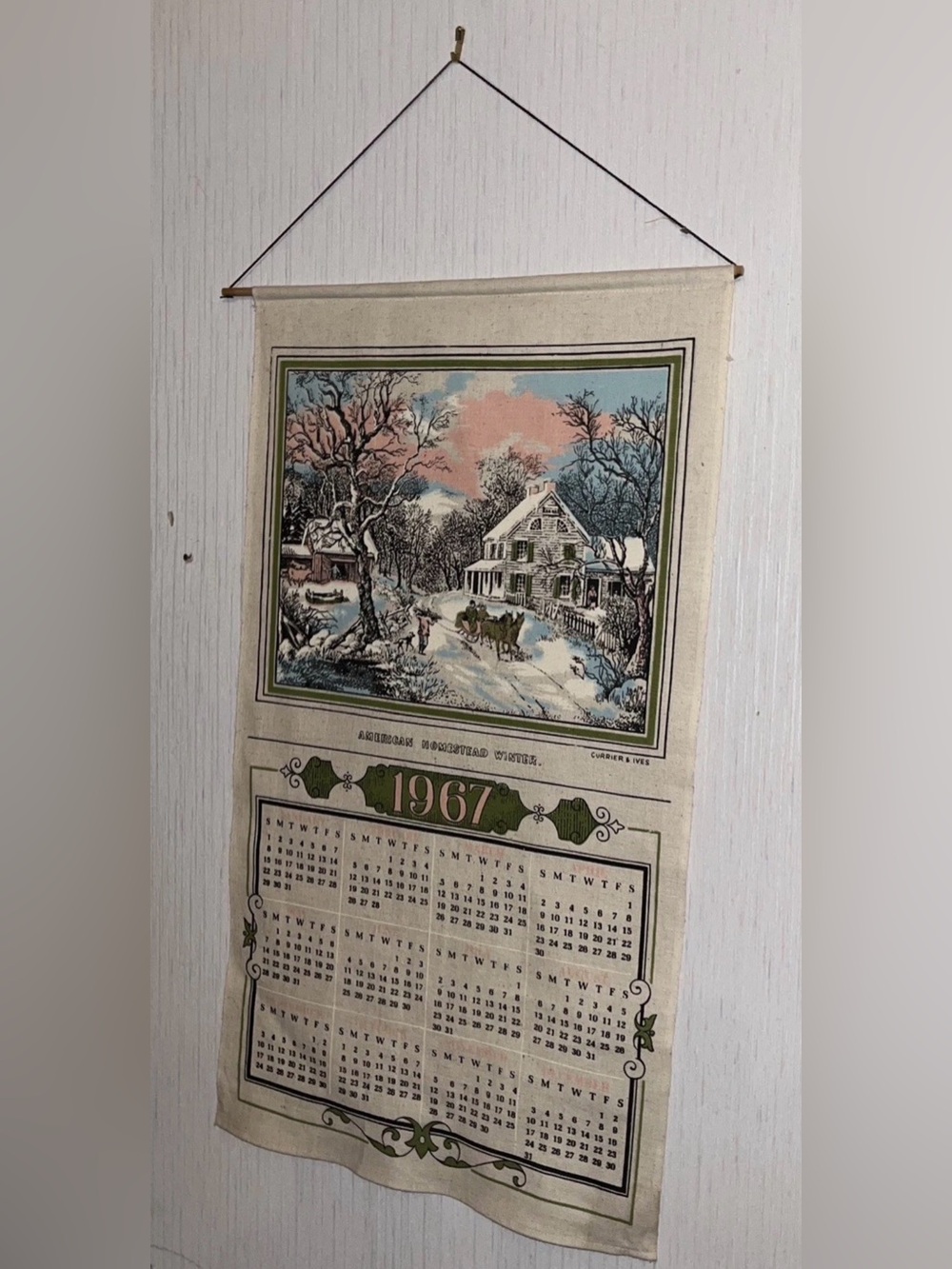 Vintage 1967 Wall Calendar Tapestry - Cream with Green Accents